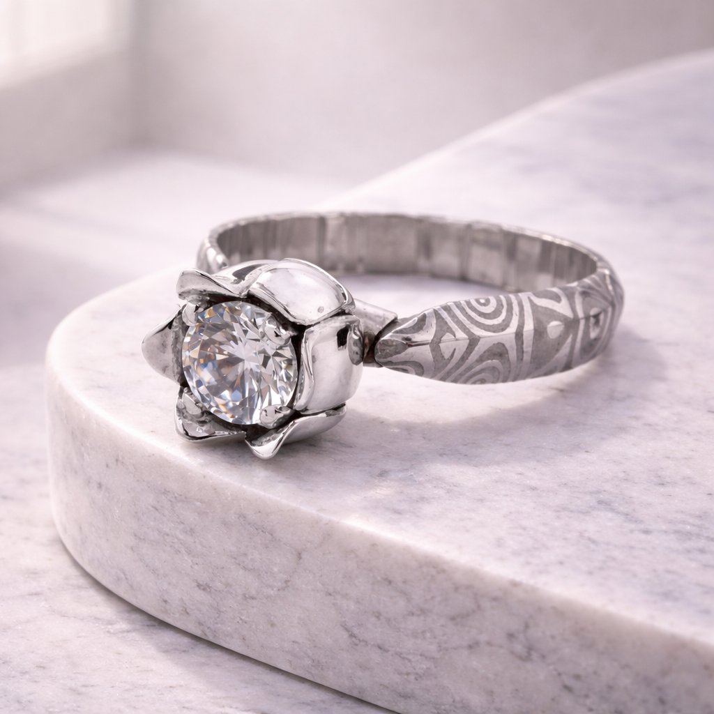 Prsteň mokume z ocele a striebra – zákazková výroba šperku mokume